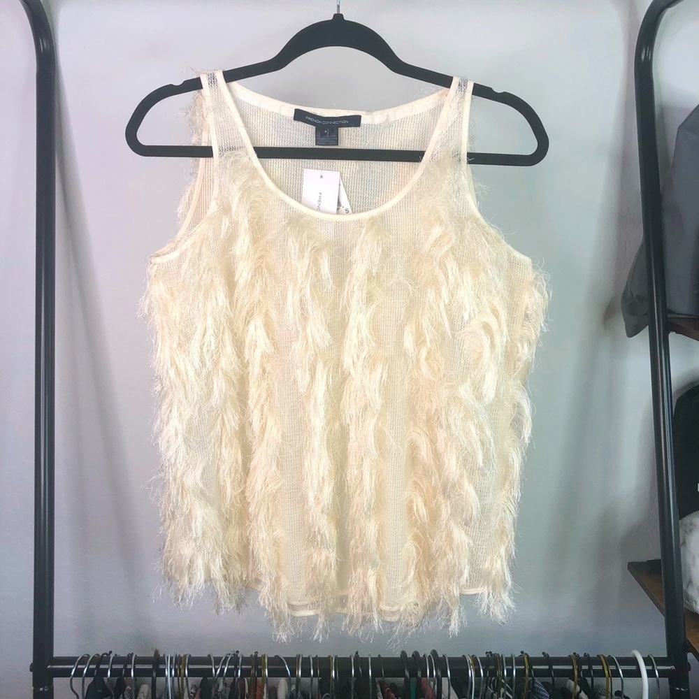 FRENCH Connection Cream Sheer Eyelash Fringe Sleeveless Top